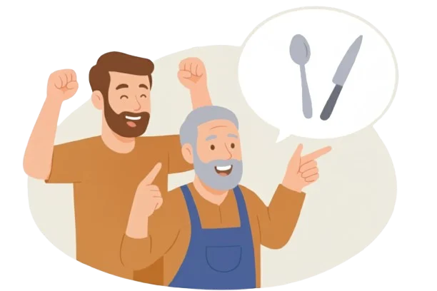 Two cartoon men with raised fists, one wearing an apron, and a close-up of a spoon and knife.