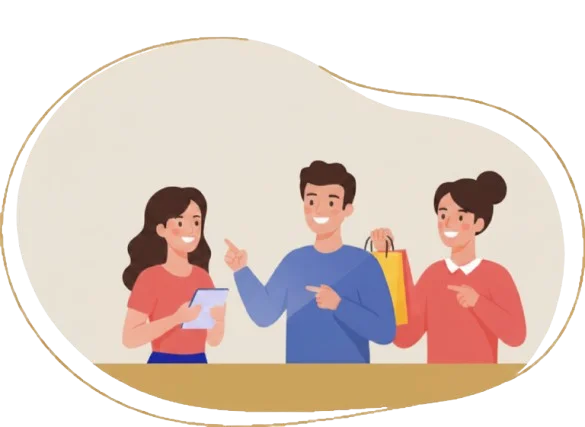 Illustration of three people pointing at each other with a beige background