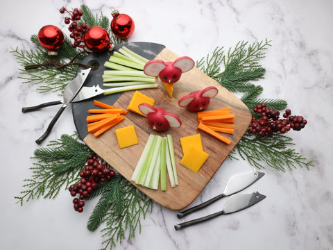 Crudities and cheese on the Mesa Marble Wood Cutting Board with Twig Ratoncito Cheese Knives