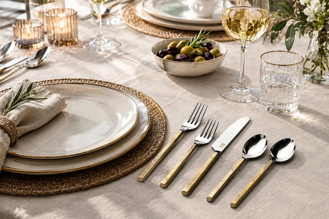 Modern table setting with gold-handled flatware paired with elegant dinnerware, creating a refined and coordinated look for stylish home entertaining.