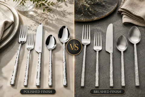 Polished vs brushed flatware comparison showing stainless steel forks, knives and spoons in elegant dining settings.