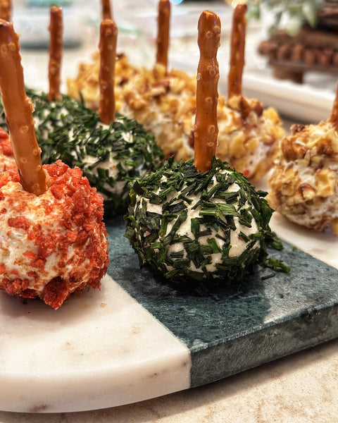 Cheese Ball Appetizers on Brandy Marble Board