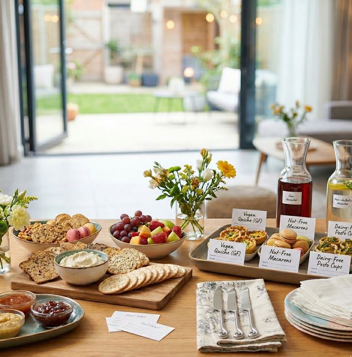 Outdoor dining setup with a table full of food and drinks, including bread, fruits, and beverages.
