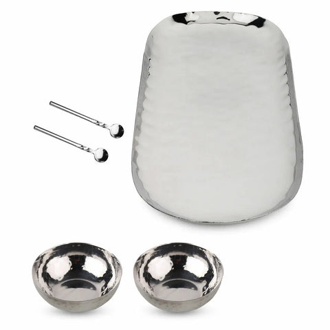 Full Polished Hammered Stainless Steel Cream & Sugar 4 Pc. Set