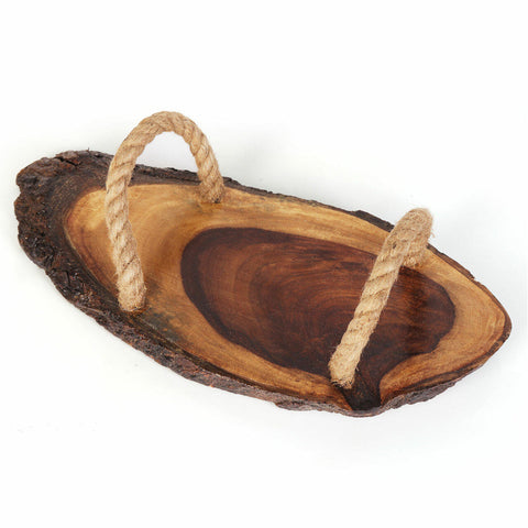 Jax Carved Wood Tray with Rope Handles