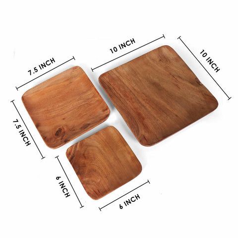 Tressa Acacia Wood Square Plates (Set of 3)